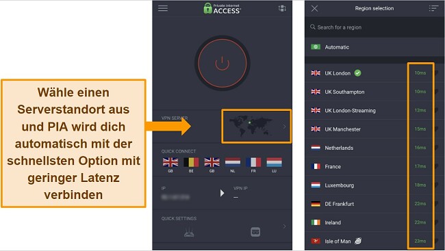 Anleitung zum Ändern des Pokémon GO-Standorts: PIA automatische Verbindung zum schnellsten Server mit niedriger Ping