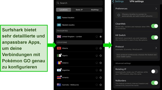 Mask: Detaillierte und anpassbare App-Schnittstelle von Surfshark zur Änderung des Pokémon GO-Standorts