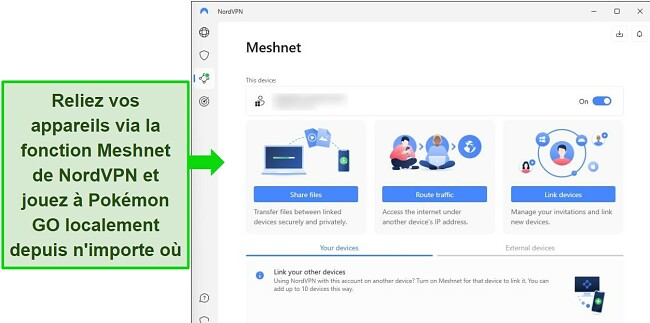 Capture d'écran illustrant les étapes pour changer la localisation de Pokémon GO en utilisant la fonctionnalité NordVPN Meshnet
