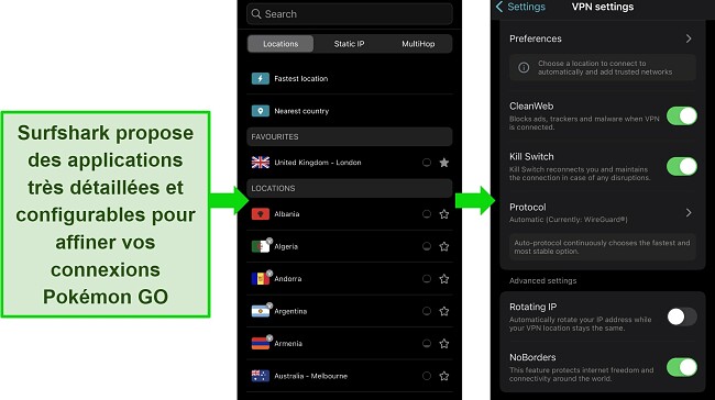 Capture d'écran illustrant les étapes pour changer la localisation de Pokémon GO en utilisant la fonctionnalité NordVPN Meshnet