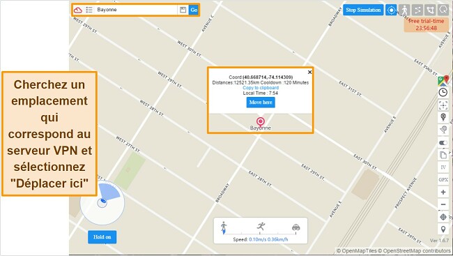 Guide : Comment changer de lieu dans Pokémon GO - Sélectionnez un emplacement différent et cliquez sur 'Déplacer ici