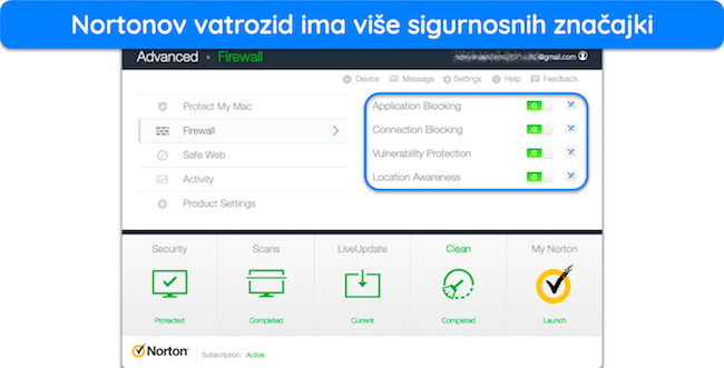 Snimka zaslona koja prikazuje sigurnosne značajke Nortonovog vatrozida