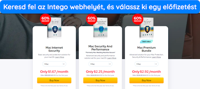 Képernyőkép, amely az Intego különféle árterveit mutatja be