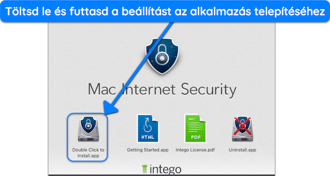 Képernyőkép, amely bemutatja, hogyan indítható el az Intego telepítése macOS rendszeren