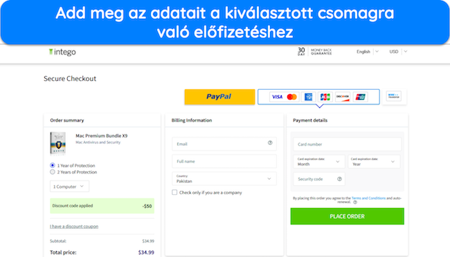 Képernyőkép az Intego-csomagra való előfizetés módjáról