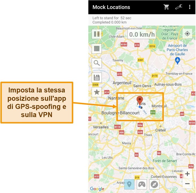 Screenshot della modifica della posizione in un'app di spoofing GPS