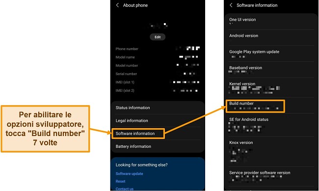 Screenshot dell'abilitazione delle opzioni sviluppatore nelle impostazioni del telefono