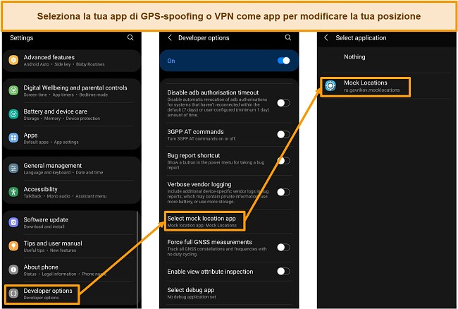 Screenshot della selezione di un'app di posizione fittizia in Opzioni sviluppatore