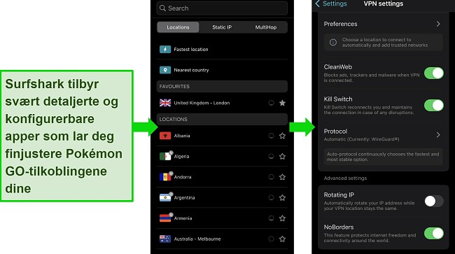 Slik endrer du Pokémon GO-plasseringen: Bruk Surfshark med en detaljert og konfigurerbar app-grensesnitt