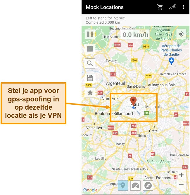Screenshot van het wijzigen van de locatie in een GPS-spoofing-app
