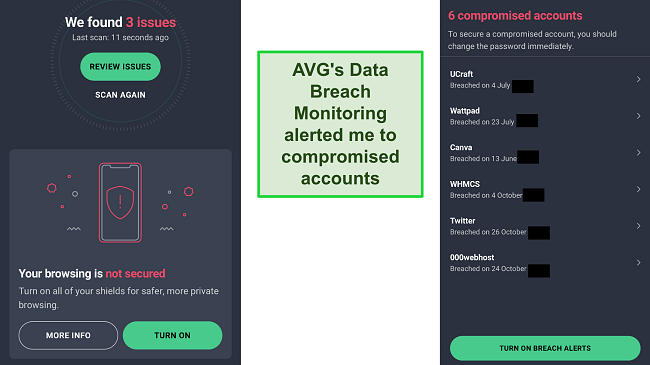 Screenshot of AVG's data breach scan results on iOS
