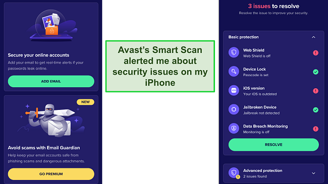 Screenshot of Avast iOS app smart scan result