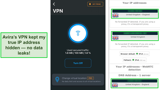 Screenshot of Avira's VPN connected with the results of an IP leak test showing no data leaks.