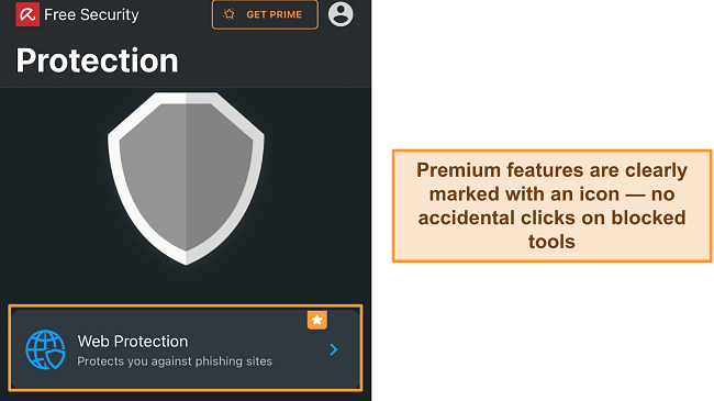 Screenshot of Avira's iOS app with premium feature icon highlighted.