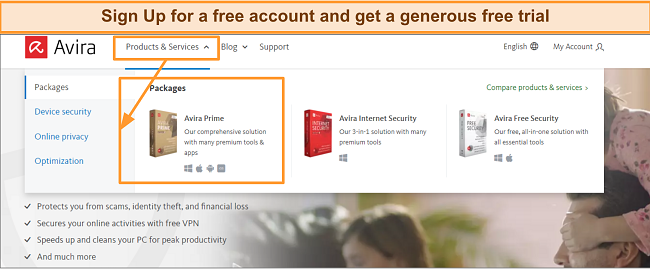 Screenshot of Avira website landing page