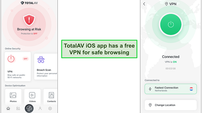 Screenshot of TotalAV iOS app showing VPN