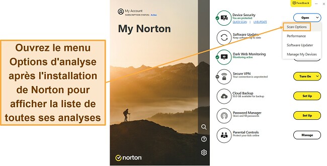 Capture d'écran montrant comment accéder au menu Options d'analyse de Norton