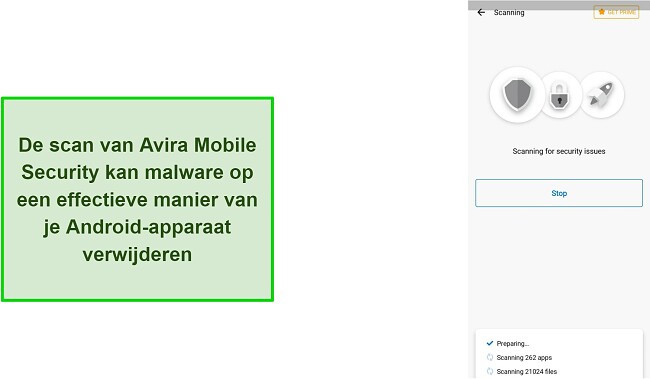 Schermafbeelding van Avira Mobile Security met virusscan