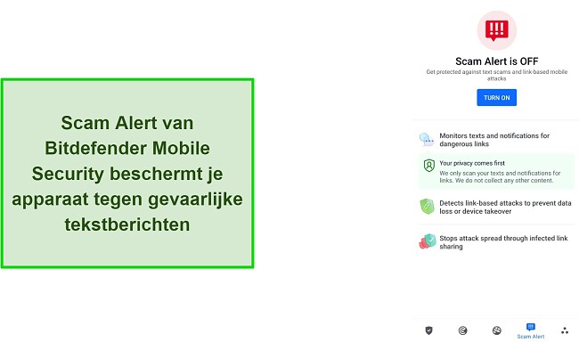 Schermafbeelding van de functie voor oplichtingswaarschuwingen van Bitdefender Mobile Security