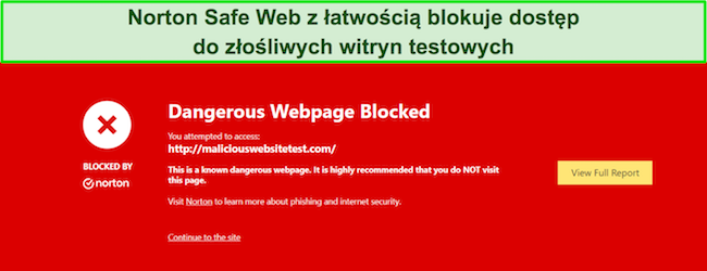 Recenzja Nortona pokazująca funkcję bezpieczeństwa, w której Safe Web blokuje dostęp do witryn testujących złośliwe oprogramowanie.