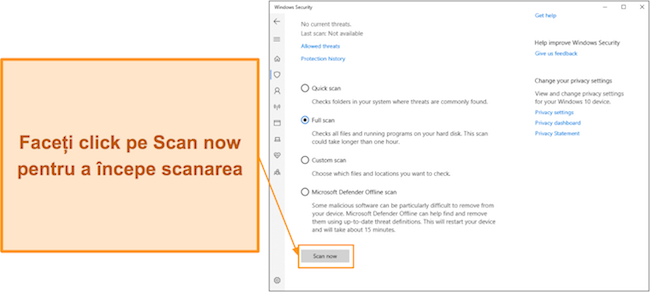 Captură de ecran care arată cum să începeți o scanare cu Microsoft Defender