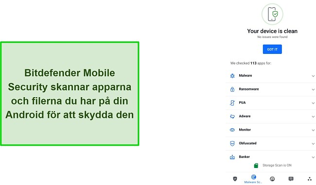 Skärmdump av Bitdefender Mobile Security med skanningresultat