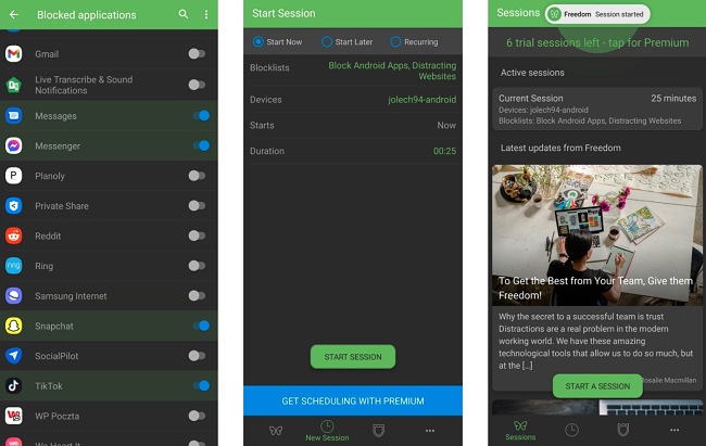 Screenshots of the Freedom app.