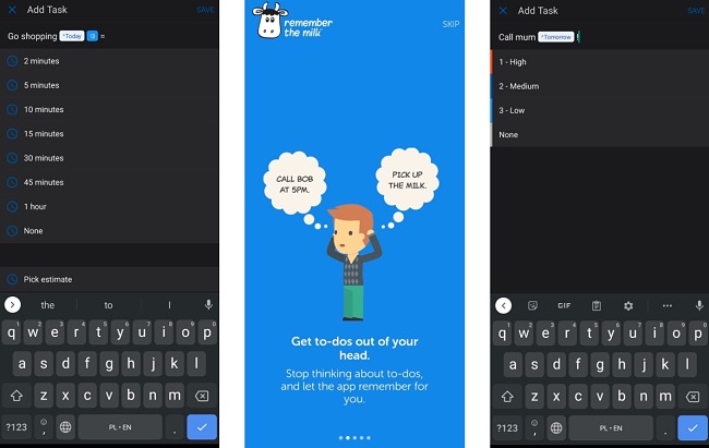 Screenshots of the Remember the Milk app.