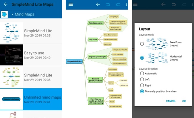 Screenshots of the SimpleMind Lite app.