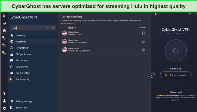 Screenshot of CyberGhost's servers optimized for streaming Hulu.