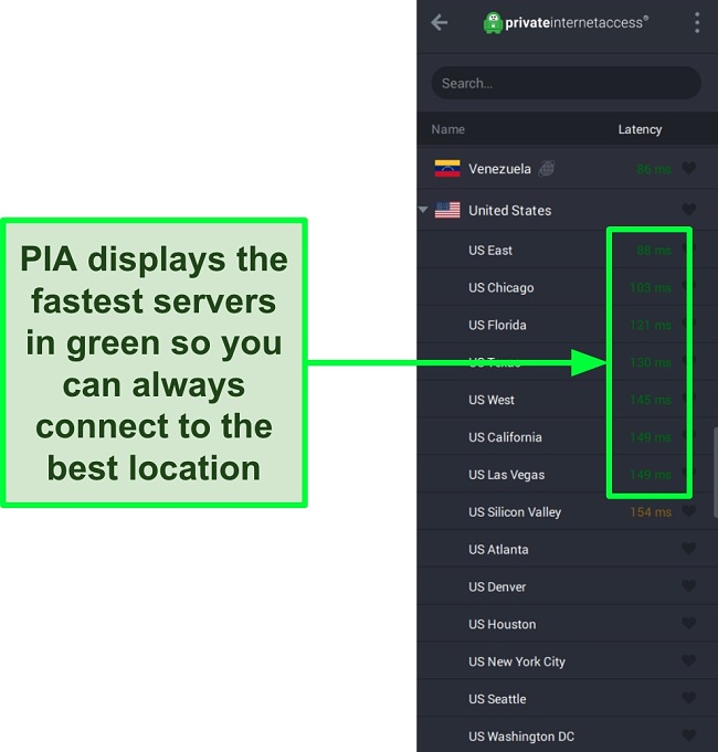Screenshot of PIA's server list.
