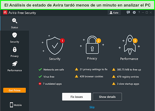 Captura de pantalla de la aplicaci&oacute;n de Windows de Avira con los resultados de un escaneo de estado.