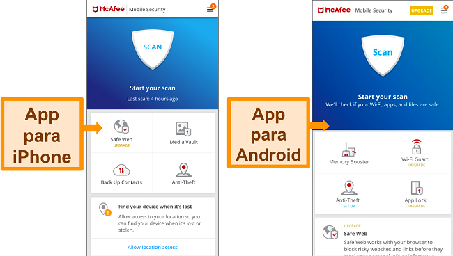 Captura de pantalla de la aplicaci&oacute;n para Android e iOS de McAfee