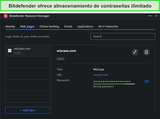 Captura de pantalla del administrador de contrase&ntilde;as de Bitdefender.