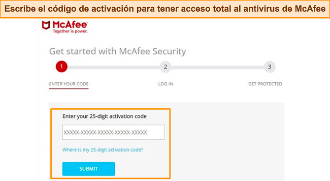 Captura de pantalla de la p&aacute;gina de activaci&oacute;n de la aplicaci&oacute;n de McAfee