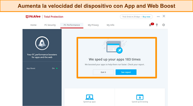 Captura de pantalla de la funci&oacute;n App and Web Boost de McAfee