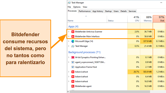 Captura de pantalla que muestra la utilizaci&oacute;n de recursos del sistema de Bitdefender