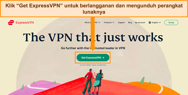 Cuplikan layar beranda situs web ExpressVPN dengan tombol "Dapatkan ExpressVPN" disorot