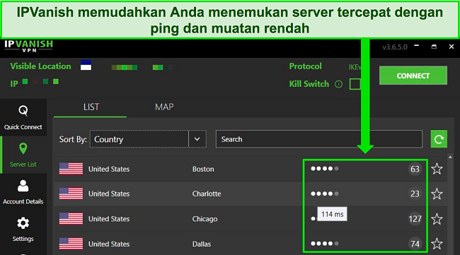 Cuplikan layar aplikasi Windows IPVanish dengan server AS disorot, menunjukkan beban pengguna dan ping server