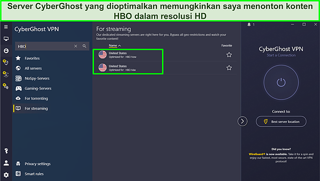 Tangkapan layar menghubungkan ke server Cyberghost yang dioptimalkan untuk streaming HBO