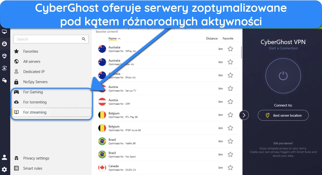 Zrzut ekranu pokazujący różne typy zoptymalizowanych serwerów oferowanych przez CyberGhost.