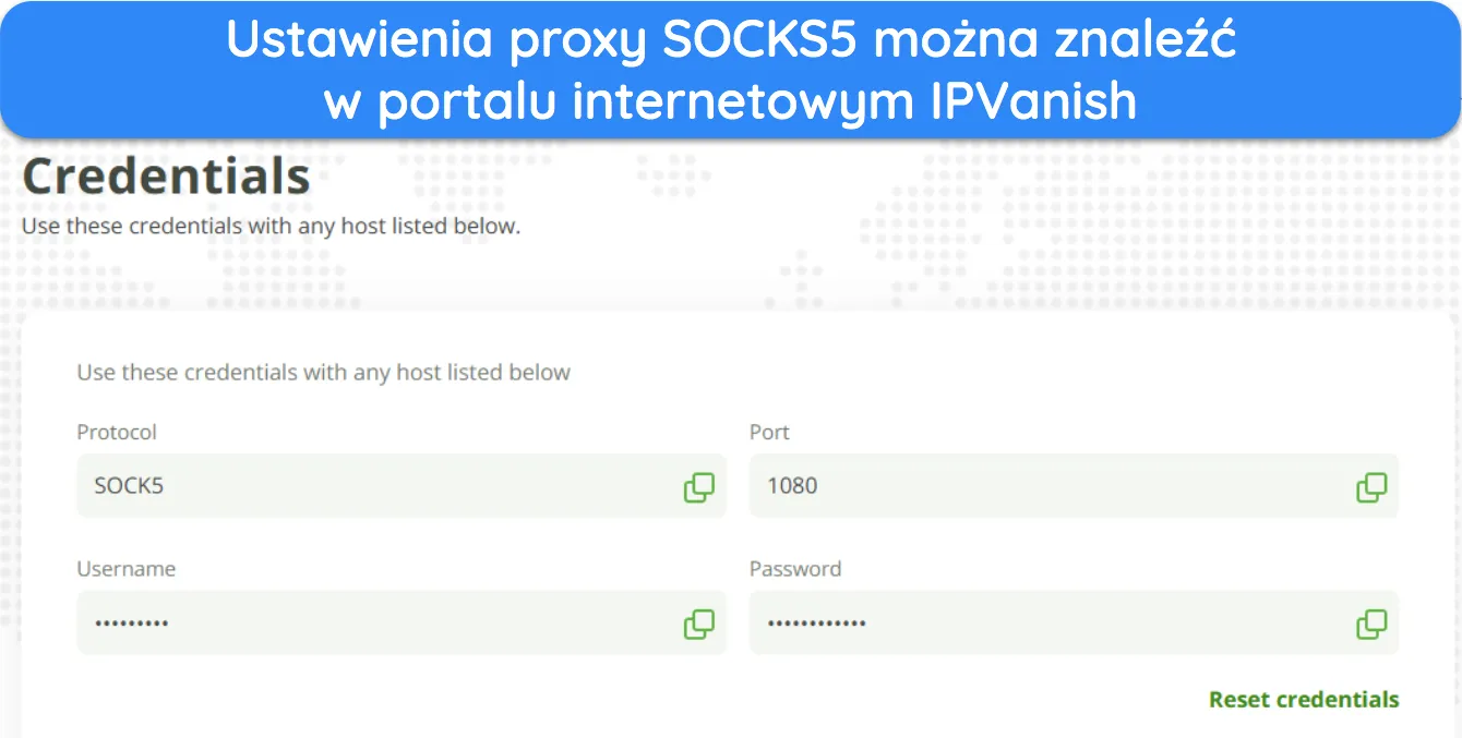 Zrzut ekranu pokazujący ustawienia konfiguracji proxy SOCKS5 w portalu internetowym IPVanish.