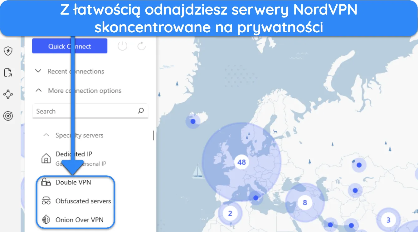 Zrzut ekranu pokazujący typy serwerów NordVPN wyraźnie oznaczone w interfejsie aplikacji.