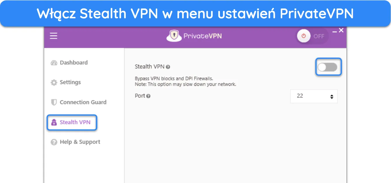 Zrzut ekranu pokazujący, jak włączyć Stealth VPN z menu ustawień PrivateVPN.