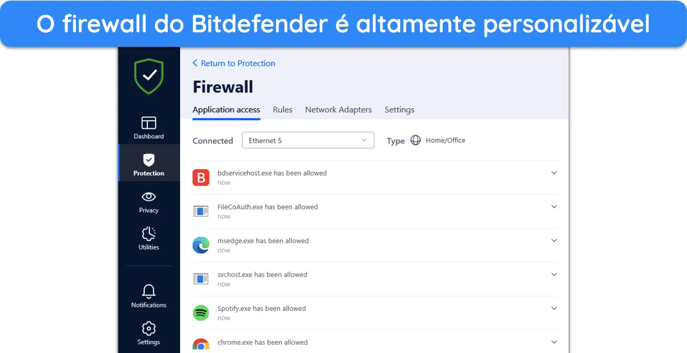 Você pode personalizar as configurações do firewall do Bitdefender conforme sua preferência.