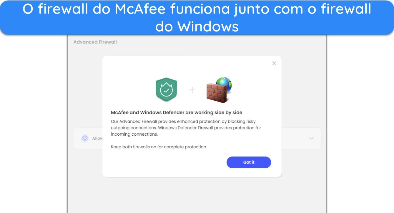 Captura de tela mostrando o firewall do McAfee trabalhando com o firewall do Windows.