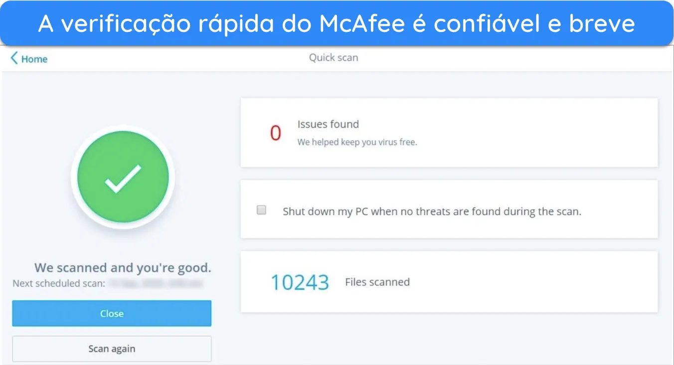 Captura de tela mostrando os resultados do Quick Scan do McAfee.