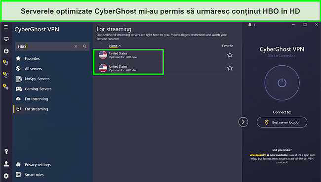 Captură de ecran a conectării la un server Cyberghost optimizat pentru streaming HBO