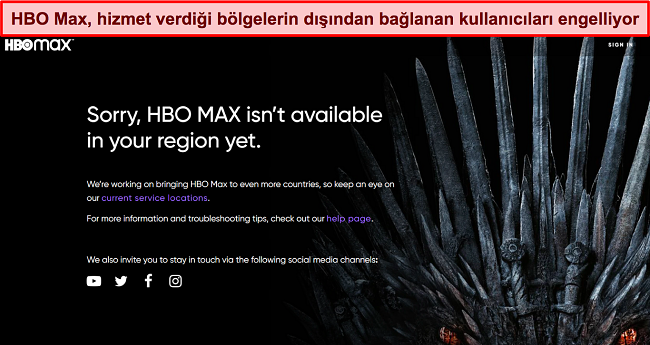 Hizmetin mevcut b&ouml;lgelerinin dışında engellendiğini g&ouml;steren HBO Max web sitesinin ekran g&ouml;r&uuml;nt&uuml;s&uuml;
