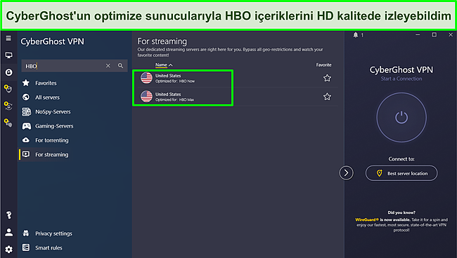 HBO akışı i&ccedil;in optimize edilmiş bir Cyberghost sunucusuna bağlanmanın ekran g&ouml;r&uuml;nt&uuml;s&uuml;
